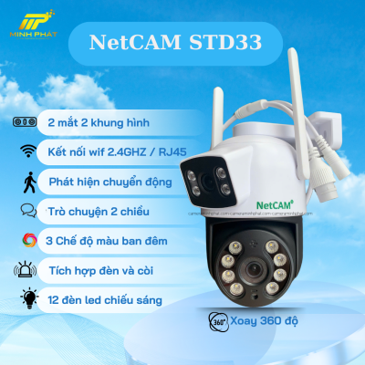 Camera WIFi Ngoài Trời NetCAM STD33, Ống Kính Kép (3MP + 3MP), Xoay 360 Độ